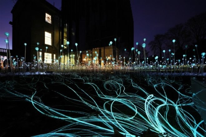 eco art, bath museum, bruce munro, field of light, forest of light, leds, light emitting diodes, energy efficient lighting, green art, sustainable design, green design, light garden, green sculpture, green art installation, fiber optic fields of light