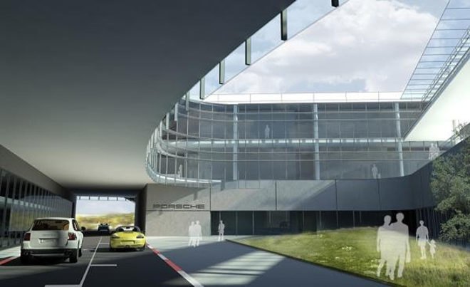 green design, eco design, sustainable design, HOK Architects, Porsche North American Headquarters, Atlanta, LEEd Silver Certification, green roof, Atlanta Airport, interior courtyard, rainwater filter