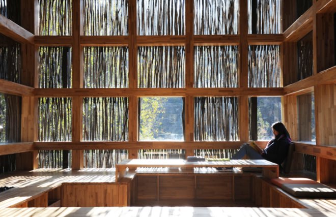 green design, eco design, sustainable design, Li Xiaodong, brise soleil, Liyuan Library, China, timber stick facade, firewood facade, Huarirou, Beijing, glazed windows