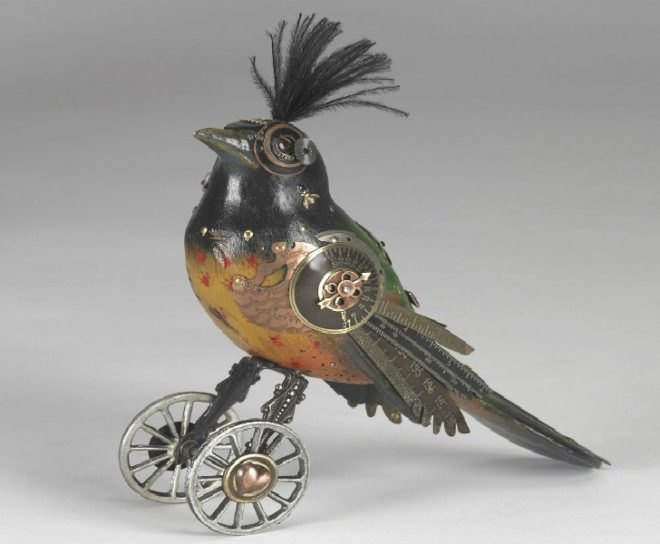 jim and tori, songbirds, decorative birds, bird sculptures, recycled object birds, found object design, bird decorations, old toy design