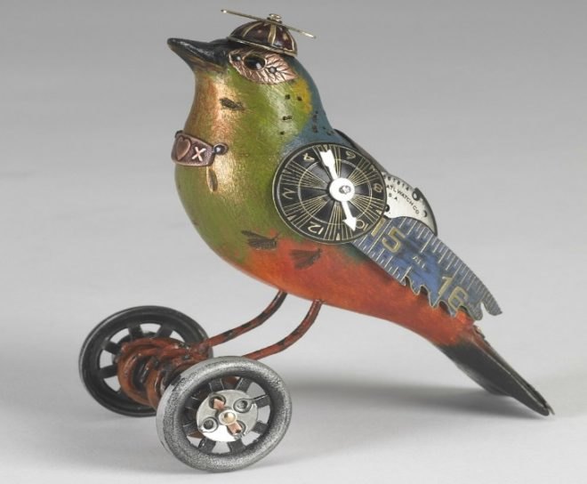 jim and tori, songbirds, decorative birds, bird sculptures, recycled object birds, found object design, bird decorations, old toy design