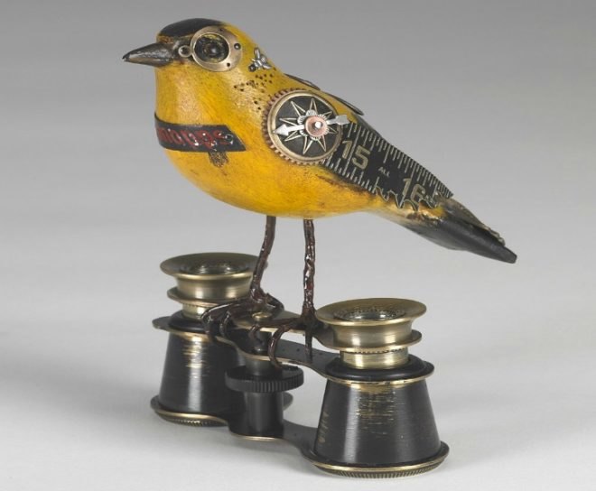 jim and tori, songbirds, decorative birds, bird sculptures, recycled object birds, found object design, bird decorations, old toy design