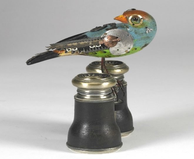 jim and tori, songbirds, decorative birds, bird sculptures, recycled object birds, found object design, bird decorations, old toy design