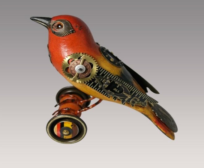 jim and tori, songbirds, decorative birds, bird sculptures, recycled object birds, found object design, bird decorations, old toy design