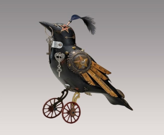 jim and tori, songbirds, decorative birds, bird sculptures, recycled object birds, found object design, bird decorations, old toy design