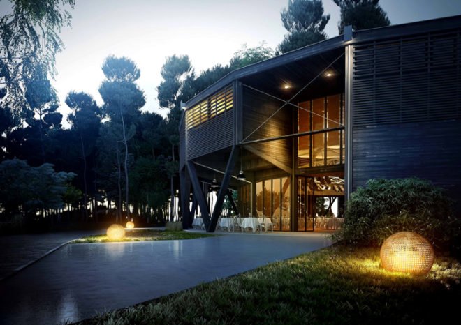 green design, eco design, sustainable design, Nadau Lavergne, La Rive Doman Campground, green roof, Glass Curtain, timber structures