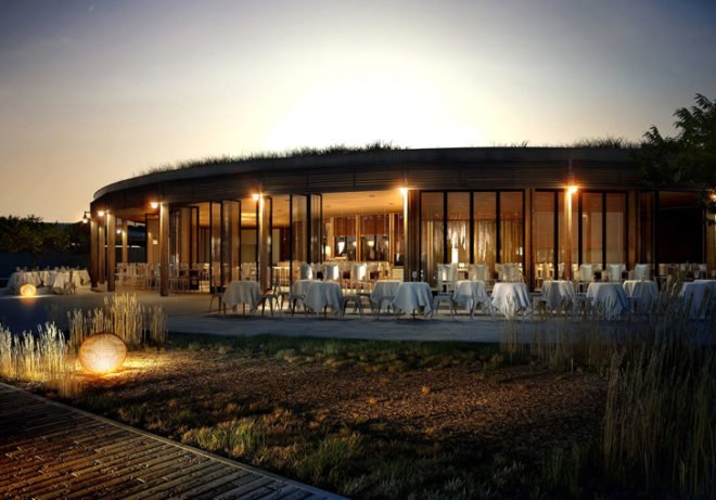 green design, eco design, sustainable design, Nadau Lavergne, La Rive Doman Campground, green roof, Glass Curtain, timber structures