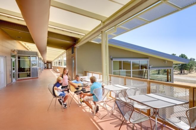 Trilogy, Trilogy Architecture, Redding, School of Arts, Redding School of Arts, California, Redwood Trees, recycled materials, LED, green design, eco-design, sustainable design, energy efficiency, natural lighting, outdoor learning, outdoor education, color