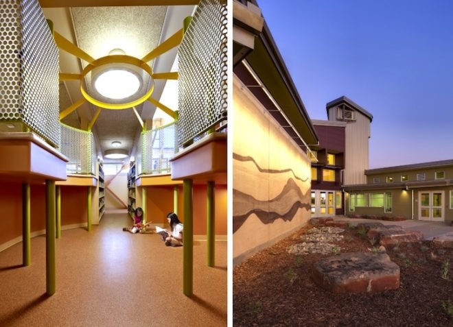 Trilogy, Trilogy Architecture, Redding, School of Arts, Redding School of Arts, California, Redwood Trees, recycled materials, LED, green design, eco-design, sustainable design, energy efficiency, natural lighting, outdoor learning, outdoor education, color