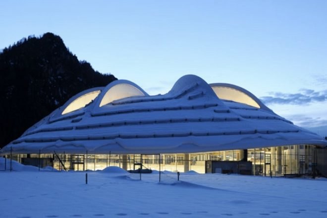 Speed Skating Stadium Inzell, Behnisch Architekten, max aicher arena, high performance roof, energy efficient design, speed skating stadium