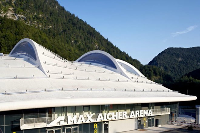 Speed Skating Stadium Inzell, Behnisch Architekten, max aicher arena, high performance roof, energy efficient design, speed skating stadium