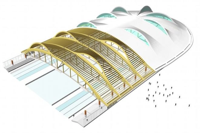 Speed Skating Stadium Inzell, Behnisch Architekten, max aicher arena, high performance roof, energy efficient design, speed skating stadium