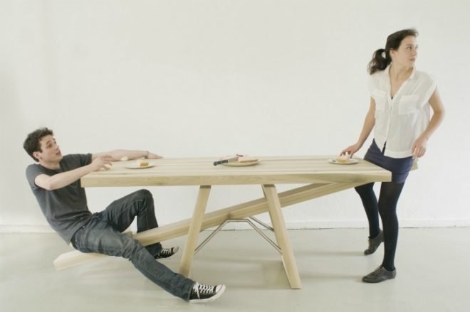 marleen jansen, de tafelwip, see-saw table, playful furniture, dutch furniture design, table manner furniture, innovative furniture, fun table design