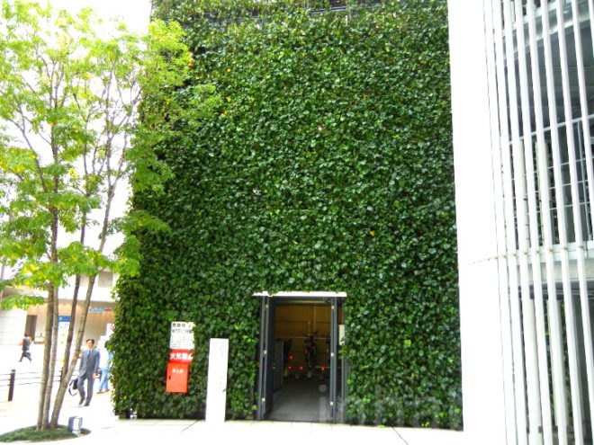 osaka, japan, japanese green building, green design, eco design, sustainable design, green wall, vertical garden, ivy wrapped building, green architecture, ivy wrapped bike parking lot, green bike parking garage, greenery wrapped building, ivy wrapped building