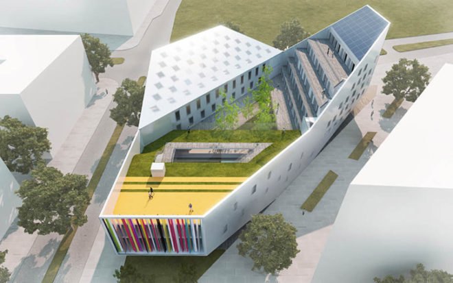 architecture, green design, eco design, sustainable design, lille, france, jds architects, jds, youth center, youth community center, recycled materials, solar panels, multi-function building, eco building, green building, sustainable building