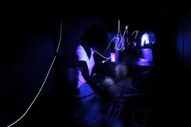 Kobe, Japan, Art in a Container, Kobe Biennale, art, environmental art, UV art, Off to On, green design, sustainable design, upcycled shipping container, theremin, eco-design, low energy, low materials