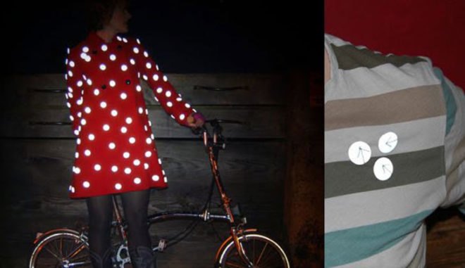 bike lights, unique bike lighting, green transportation, alternative transportation, SpotMe Buttons, Vespertine Reflective Belt, Project Aura, Mini Monkey Light, LED by Light Light Straps, Fibre Flare Side Light, Angella Mackey Jacket and Cape, LED bike lights, LED by Lite