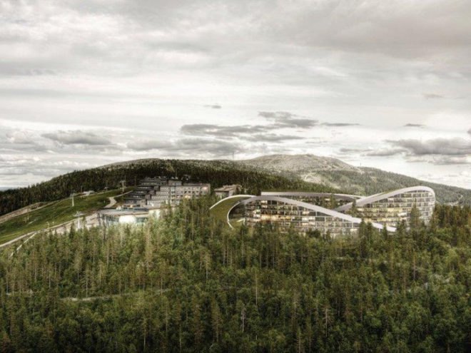 Bjarke Ingles, BIG Architects, Lapland, levi Ski Resort, Koutalaki Ski Village, Ski resort, sloping roofs, green design, eco design, sustainable design,