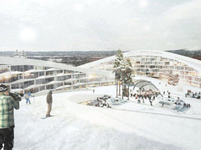 Bjarke Ingles, BIG Architects, Lapland, levi Ski Resort, Koutalaki Ski Village, Ski resort, sloping roofs, green design, eco design, sustainable design,