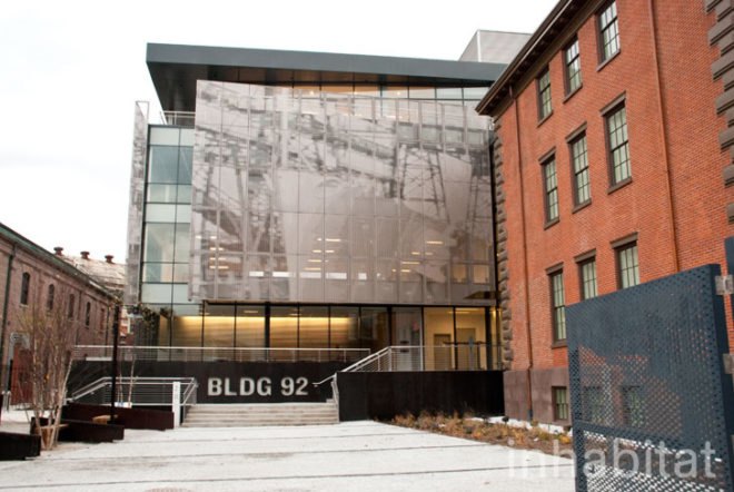 LEED Platinum; Brooklyn Navy Yard; BLDG 92; Brooklyn; New York; sustainable building; sustainable materials; sustainable construction; green construciton; LEED certified; green design; green architecture; sustainable architecture; recycled materials; recycled teak wood; recycled wood; adaptive reuse; locally sourced; sustainably sourced; green sourcing; T.U. Walter; geothermal system; solar panels; rainwater capture system; Lumi solair; Duggal Energy Solutions; Wind-solar; wind-solar street lamp; Beyer Blinder & Belle; workshop/apd; inhabitat; inhabitat nyc