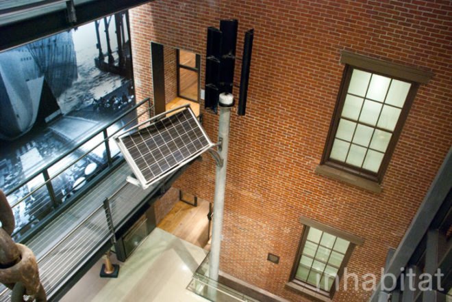 LEED Platinum; Brooklyn Navy Yard; BLDG 92; Brooklyn; New York; sustainable building; sustainable materials; sustainable construction; green construciton; LEED certified; green design; green architecture; sustainable architecture; recycled materials; recycled teak wood; recycled wood; adaptive reuse; locally sourced; sustainably sourced; green sourcing; T.U. Walter; geothermal system; solar panels; rainwater capture system; Lumi solair; Duggal Energy Solutions; Wind-solar; wind-solar street lamp; Beyer Blinder & Belle; workshop/apd; inhabitat; inhabitat nyc