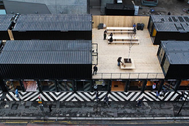 Boxpark, shipping container store controversy,shipping container store, shipping container mall, green building London, eco mall, urban design, temporary building,
