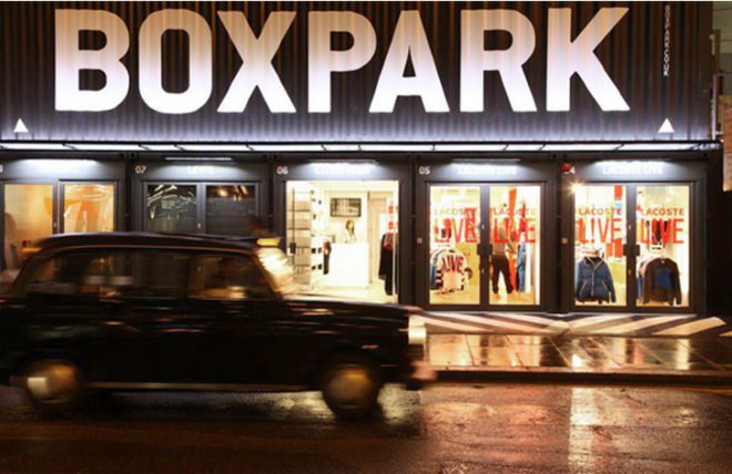 Boxpark, shipping container store controversy,shipping container store, shipping container mall, green building London, eco mall, urban design, temporary building,