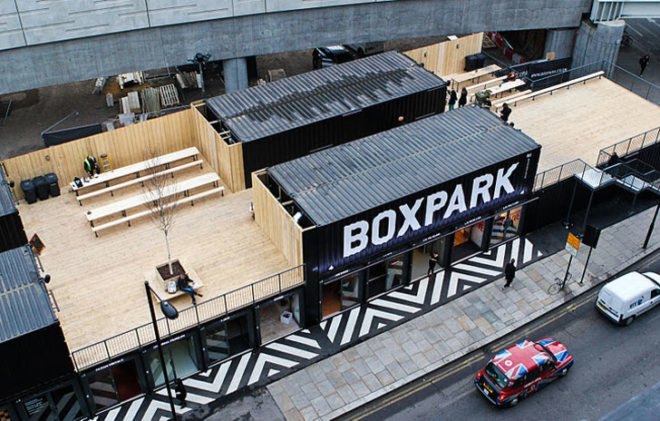 Boxpark, shipping container store controversy,shipping container store, shipping container mall, green building London, eco mall, urban design, temporary building,