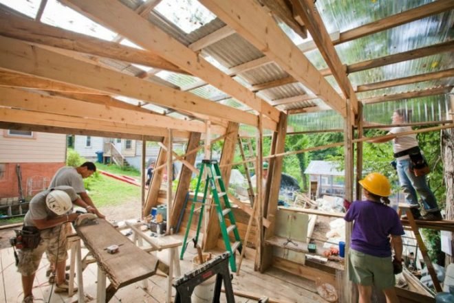 Burton Street Community, peace gardens, Asheville Design Center, student project, pavilion, recycled materials, found objects