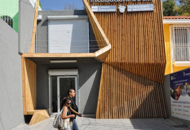 bris de soleil, eco retrofit, eco-materials, Green Building, green facade, green school, Incubadora Social ITESM-Bancome, Mexico green building, natural cooling, reclaimed building, SHINE Architecture, wood facade