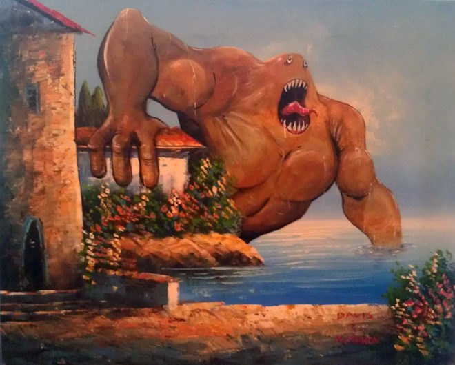 Chris MacMahon, involuntary landscapes, recycling old paintings, what to do with old painting, eco art, green art, environmental art, artist using recycled materials, involuntary collaborations, deviant art, deviantart, monster paintings