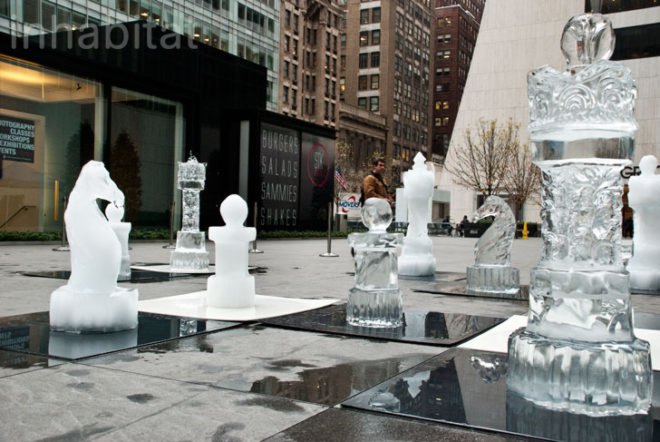 Okamoto Studio; Arts Brookfield; public art; public installation; installation piece; chess; green design; sustainable art; natural materials; ice sculpture; New York City; Inhabitat; Inhabitat NYC; Amanda Coen; Amanda Silvana Coen; sustainble civic art; civic art; public space; public plaza; Deep Blue; Grace Building; Grace Plaza