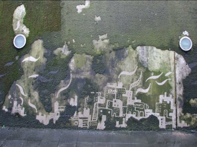 Reverse Moss Graffiti, reverse graffiti, eco art, green art, Stefaan De Croock, stuk arts centre, belgium