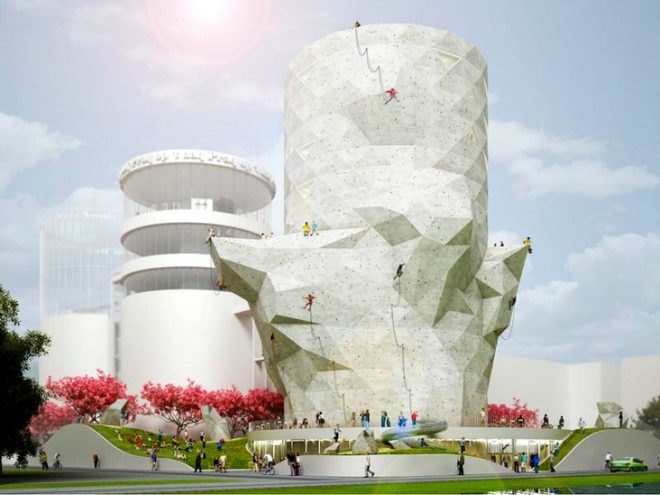 Siloo O, NL Architects, adaptive reuse, amsterdam, green renovation, abandoned silos, climbing gym