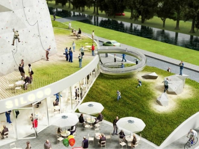 Siloo O, NL Architects, adaptive reuse, amsterdam, green renovation, abandoned silos, climbing gym