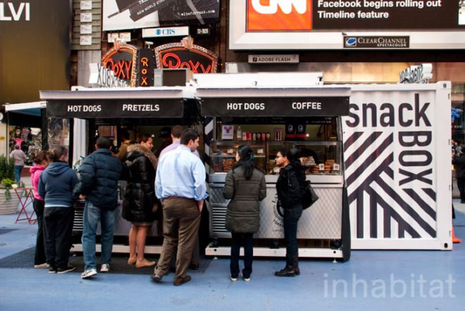 SnackBox; Times Square; New York; New York City; Aedifica; MuvBox; Amanda Coen; Amanda Silvana Coen; pop-up; sustainable design; self-sustaining; green design; eco friendly; eco design; street food; Inhabitat; InhabitatNYC; innovative design