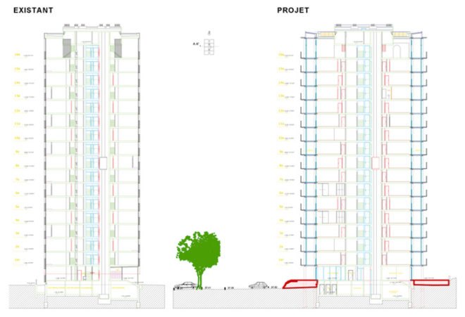 Frédéric Druot Architecture , Paris social housing,highrise renovation, french apartment green, green building redevelopment, apartment social housing retrofit,Paris green renovation, eco tower, apartment building renovation, Paris green apartment, apartment daylighting
