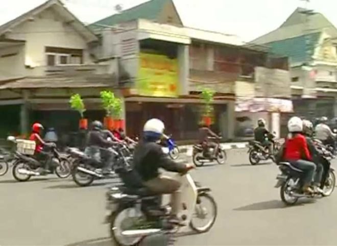 bike helmets, planted bike helmets, bicycling, biking, bike stunt, bike protest, bicycle, bicycle helmet, bike safety, green cities, green indonesia, indonesia environment, environmentalism in indonesia, indonesian art, environmental art, bike art, bicycle art