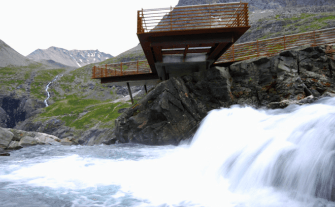 Norwegian Public Roads Administration, national tourist routes, korten steel, Norway, Trollstigen, Trollstigen Plateau, Reiulf Ramstad, korsten steel, minimalist design, green roof, nature, Rauma council, walkways, platforms, green design, sustainable design, eco-design