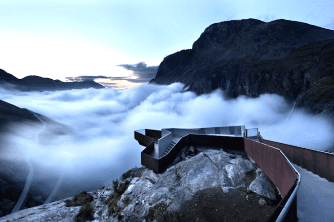 Norwegian Public Roads Administration, national tourist routes, korten steel, Norway, Trollstigen, Trollstigen Plateau, Reiulf Ramstad, korsten steel, minimalist design, green roof, nature, Rauma council, walkways, platforms, green design, sustainable design, eco-design