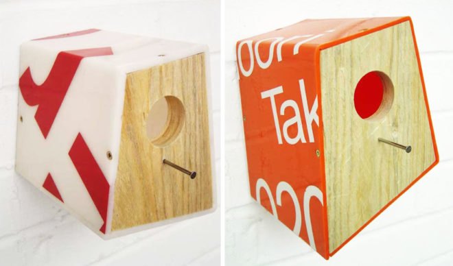 sustainable design, Pete Marigold, eco bird houses, green birdhouses, sustainable birdhouses, salvaged shop sign birdhouses, birdhouses made from crates, birdhouses, recycled material birdhouses, green design, birdhouse design