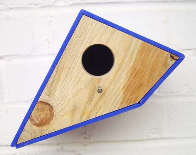sustainable design, Pete Marigold, eco bird houses, green birdhouses, sustainable birdhouses, salvaged shop sign birdhouses, birdhouses made from crates, birdhouses, recycled material birdhouses, green design, birdhouse design