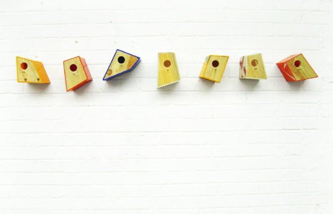 sustainable design, Pete Marigold, eco bird houses, green birdhouses, sustainable birdhouses, salvaged shop sign birdhouses, birdhouses made from crates, birdhouses, recycled material birdhouses, green design, birdhouse design