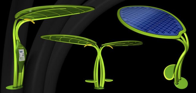 Lotus Solar EV Charger, electric vehicle charger, leaf ev charger, leaf-shaped streetlight, solar streetlight, led streetlight, green design, sustainable design, green transportation, leaf-shaped ev charger, electric car, electric vehicle