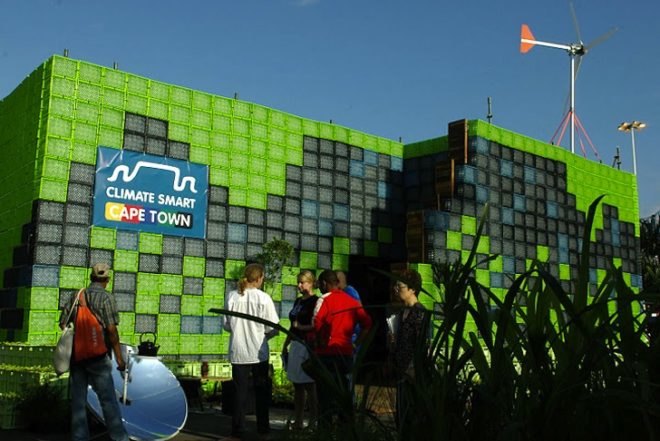 recycled materials, green design, sustainable design, COP 17, Climate Smart Cape Town, Green Pavilion, Best COP 17 Pavilion, recycled materials, milk crates, rainwater harvesting, wind power, solar power, clean tech, sustainable building, sustainable architecture, climate change, global warming