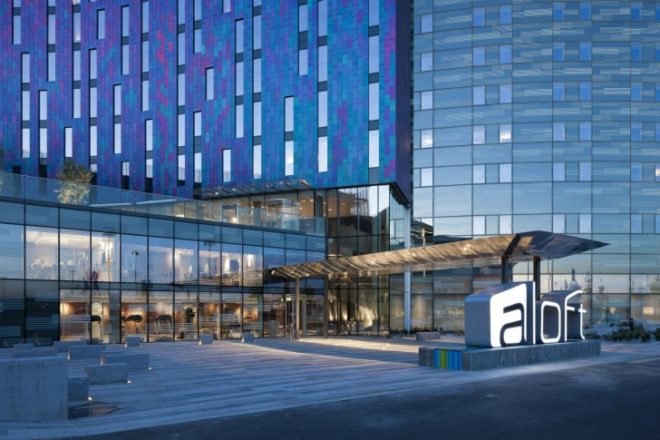 Aloft London Excel, Jestico Whiles, eco hotel, green hotel, london, eco tourism, fritted glass, high performance facade