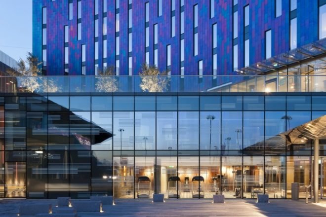 Aloft London Excel, Jestico Whiles, eco hotel, green hotel, london, eco tourism, fritted glass, high performance facade