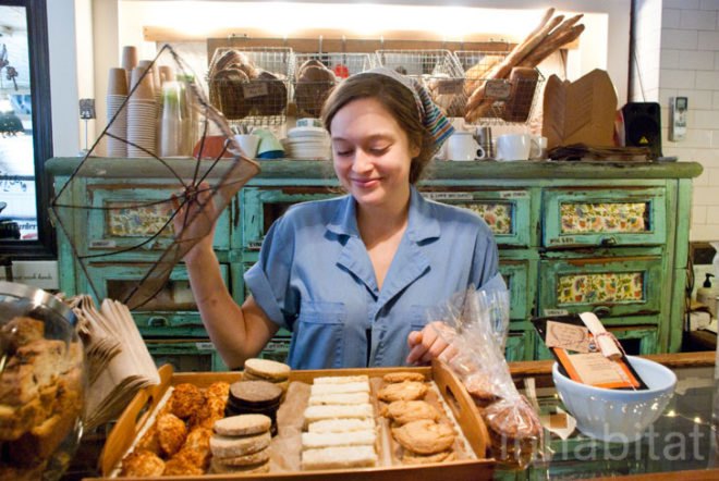Nina Brondmo; Bakeri; Brooklyn; Williamsburg; restaurants; eatery; green design; upcycled materials; upcycled furniture; green interior design; recycled furniture; recycled materials; sustainable business; sustainable restaurant; sustainable eatery; New York City; InhabitatNYC; reclaimed materials; vintage furniture; interior decoration; interior design; sustainable design; bakery; homemade bread; handmade bread; food