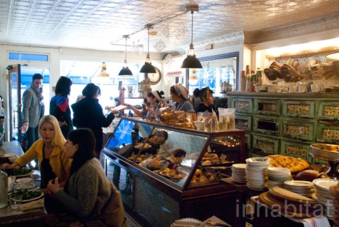 Nina Brondmo; Bakeri; Brooklyn; Williamsburg; restaurants; eatery; green design; upcycled materials; upcycled furniture; green interior design; recycled furniture; recycled materials; sustainable business; sustainable restaurant; sustainable eatery; New York City; InhabitatNYC; reclaimed materials; vintage furniture; interior decoration; interior design; sustainable design; bakery; homemade bread; handmade bread; food