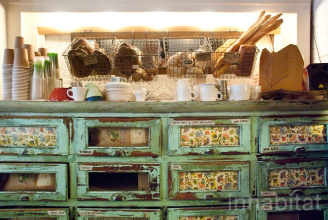 Nina Brondmo; Bakeri; Brooklyn; Williamsburg; restaurants; eatery; green design; upcycled materials; upcycled furniture; green interior design; recycled furniture; recycled materials; sustainable business; sustainable restaurant; sustainable eatery; New York City; InhabitatNYC; reclaimed materials; vintage furniture; interior decoration; interior design; sustainable design; bakery; homemade bread; handmade bread; food